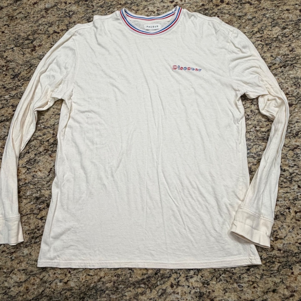 PacSun Discover Embroidered Long Sleeve T-Shirt Cream‎ Red Blue Striped Neck L